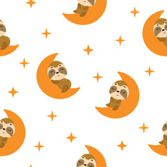 Cute little sloth sleeping on moon seamless childish pattern. Funny cartoon animal character for fabric, wrapping, textile, wallpaper, apparel. Vector illustration