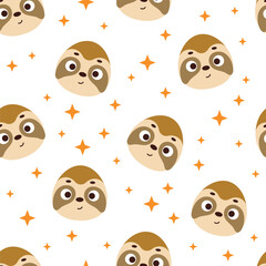 Cute little sloth head seamless childish pattern. Funny cartoon animal character for fabric, wrapping, textile, wallpaper, apparel. Vector illustration