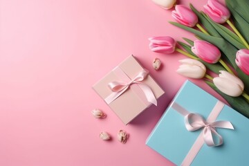 Obraz na płótnie Canvas Birthday, valentines, wedding, mothers day. Tulips, present box. Festive. Copy space. Top view concept. Pink and blue. 