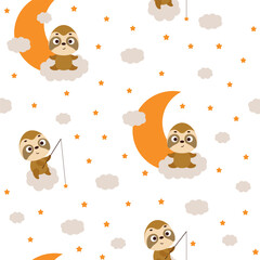 Cute little sloth sitting on cloud and fishing star seamless childish pattern. Funny cartoon animal character for fabric, wrapping, textile, wallpaper, apparel. Vector illustration