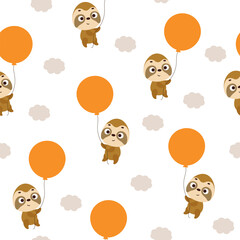 Cute little sloth flying on balloon seamless childish pattern. Funny cartoon animal character for fabric, wrapping, textile, wallpaper, apparel. Vector illustration
