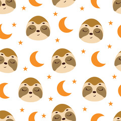 Cute little slipping sloth head seamless childish pattern. Funny cartoon animal character for fabric, wrapping, textile, wallpaper, apparel. Vector illustration