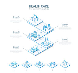 3d line isometric healthcare infographic template. Medical care presentation layout. 5 option steps, process parts concept. Doctor, nurse teamwork, patient treatment illustration. Clinic diagnostic - 593582491