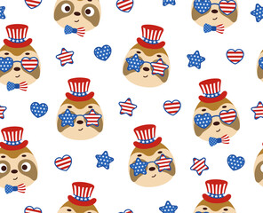 Cute little sloth head in USA patriotic hat seamless childish pattern. Funny cartoon animal character for fabric, wrapping, textile, wallpaper, apparel. Vector illustration