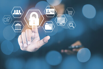 digital businesswoman choose insurance cyber security which is technology protection lock internet network online via device by hacker browsing website crime key password encryption attack system
