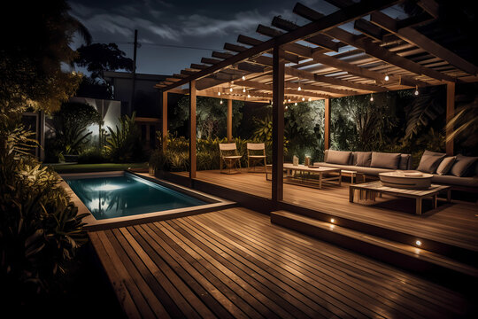 Illustration of wooden terrace with swimming pool, cozy summer atmosphere, created with Generative AI technology.