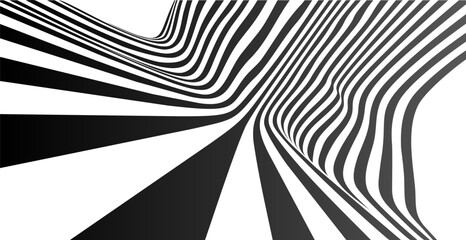 Naklejka premium 3D black white lines, perspective, digital abstract elements vector background. Linear striped illustration, op art, road to horizon dynamic wallpaper. Big data, internet, network connection concept