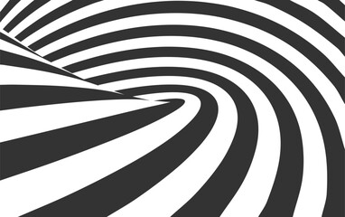 3D black white lines, perspective swirl, digital abstract twirl. Twist spiral vector background. Linear striped illustration, op art, road to horizon dynamic wallpaper. Perspective lines loop, concept