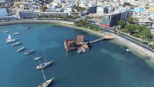Drone footage, Aerial Mindelo city bay, marina in S&atilde;o Vicente, Cabo Verde