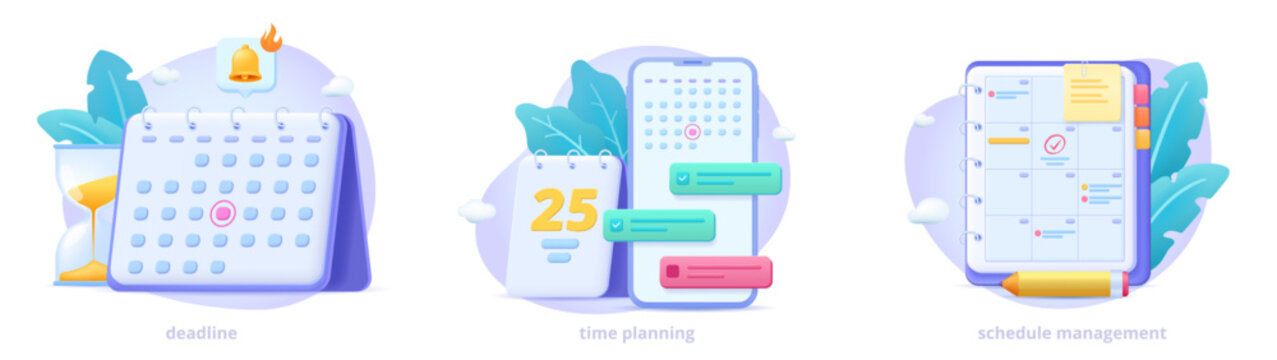 Set of shopping vector 3d illustrations: schedule and task management, time planning, calendar application with floral elements. Three dimensional icons for web site, landing page, banner. 