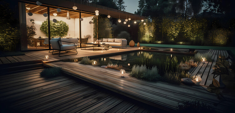 Illustration of wooden terrace with swimming pool, cozy summer atmosphere, created with Generative AI technology.