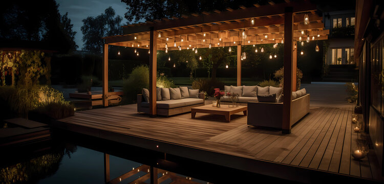 Illustration of wooden terrace with swimming pool, cozy summer atmosphere, created with Generative AI technology.