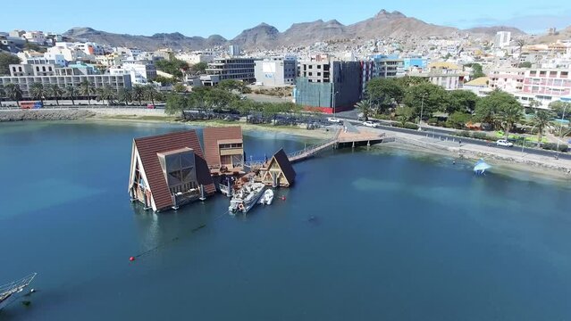 Drone footage, Aerial Mindelo city bay, marina in S&atilde;o Vicente, Cabo Verde