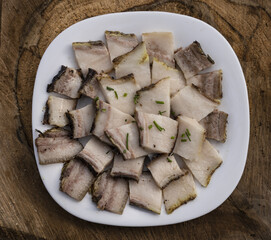 boiled lard with subsequent smoking, sprinkled with finely chopped dill