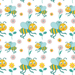 Funny bees fly over beautiful flowers, seamless pattern. Cute cartoon characters are insects. Spring, summer background for fabrics, textiles, wallpaper, paper. Vector illustration