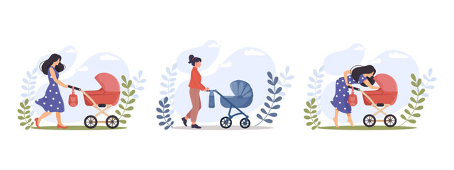 Women walking with strollers in park. New mom. Child care, Motherhood, concept for banner, website design or landing web page. Baby carriage. Modern parenthood. Vector illustration