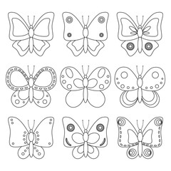 Set of contour drawings of butterflies. Templates for coloring, isolated on white background. Coloring book for children. We draw with children. Vector illustration 