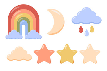 Rainbow, clouds and stars in cartoon style. Children's toys. Hand drawn elements for nursery, baby clothes, textiles, wrapping paper, postcards. For children's goods store. Vector illustration