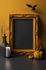 Vertical poster frame mockup, raven, candle, pumpkins on orange background. Chalkboard empty print template for spooky Halloween party. Generative AI