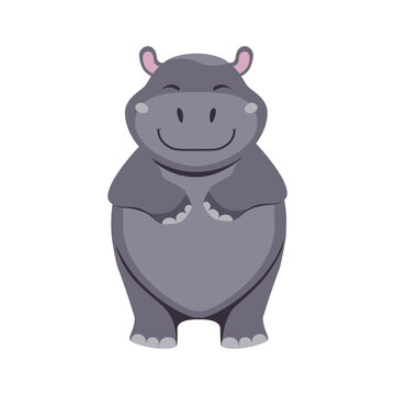 Hippo. Drawing of a cartoon large land animal. Vector flat drawing of hippo on white background. Used for collage in web design, print on fabric, stickers.