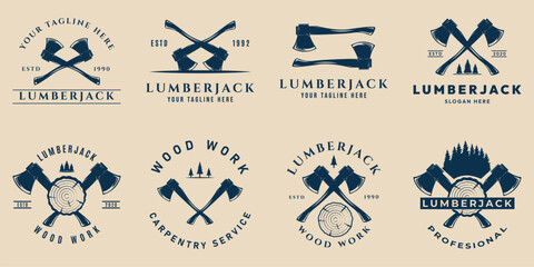 set lumberjack vintage logo, wood work logo vector illustration design