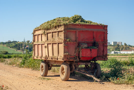 Imagen de la parte delantera de un remolque agrícola cargado de forraje para el ganado.