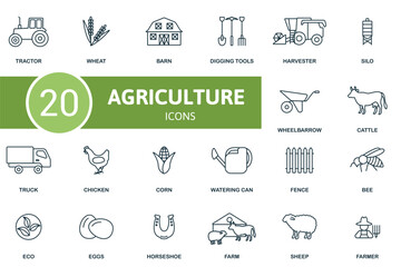 Agriculture set. Creative icons: tractor, wheat, barn, digging tools, harvester, silo, wheelbarrow, cattle, truck, chicken, corn, watering can, fence, bee, eco, eggs, horseshoe, farm, sheep, farmer.
