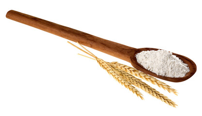 Ramo de trigo e colher de madeira com farinha de trigo branca - flor de trigo e farinha de trigo - obrazy, fototapety, plakaty
