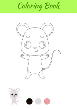 Coloring page happy mouse. Coloring book for kids. Educational activity for preschool years kids and toddlers with cute animal. Vector stock illustration