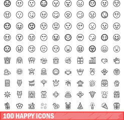 100 happy icons set. Outline illustration of 100 happy icons vector set isolated on white background