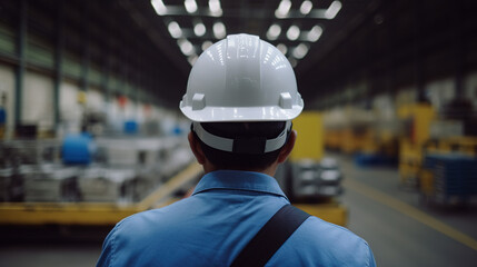 Fototapeta na wymiar Closeup Back View of Factory Worker with Protective Industrial Grade Safety Helmet, with Licensed Generative AI Technology Assistance