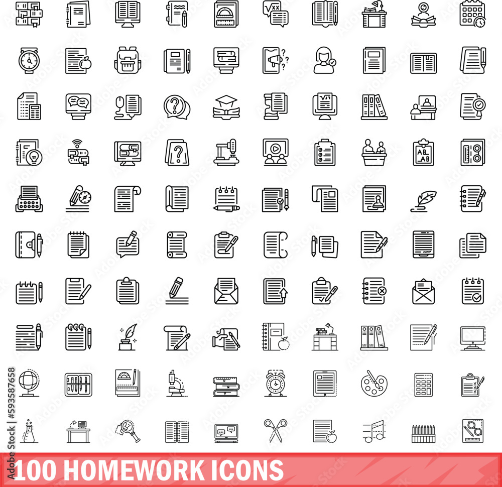 Poster 100 homework icons set. outline illustration of 100 homework icons vector set isolated on white back