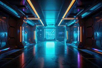 Sci-fi futuristic background tunnel wallpaper with glowing neon multi color lighting effects Generative AI Illustration