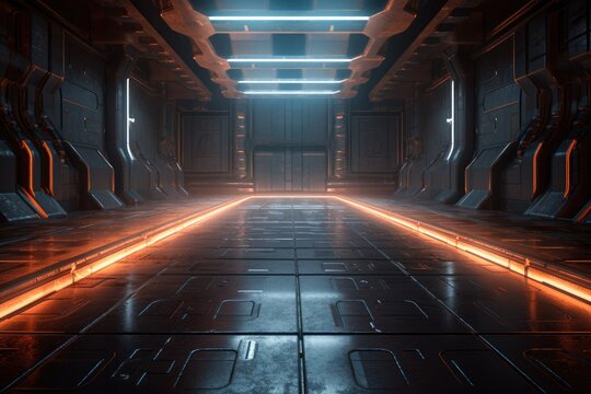 Sci-fi futuristic background tunnel with glowing neon lighting effects Generative AI Illustration