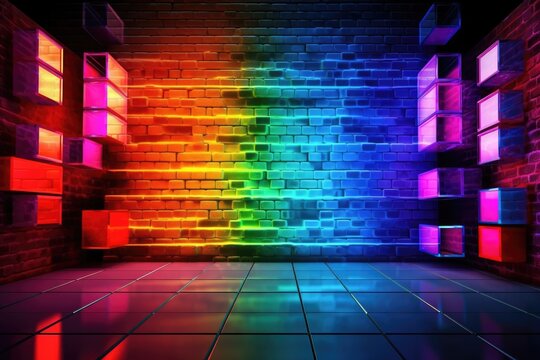 Abstract multi color background with tile floor and bricks back wall with 3D cubes Generative AI Illustration