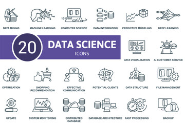 Data science set. Creative icons: data minig, machine learning, computer science, data integration, predictive modeling, deep learning, data visualization, ai customer service, optimization, shopping