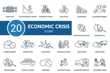 Economic crisis set. Creative icons: bank run, stock market crash, currency crisis, inflation, recession, economic bubble, exchange rate fall, bankruptcy, unemployment, corruption, sanctions