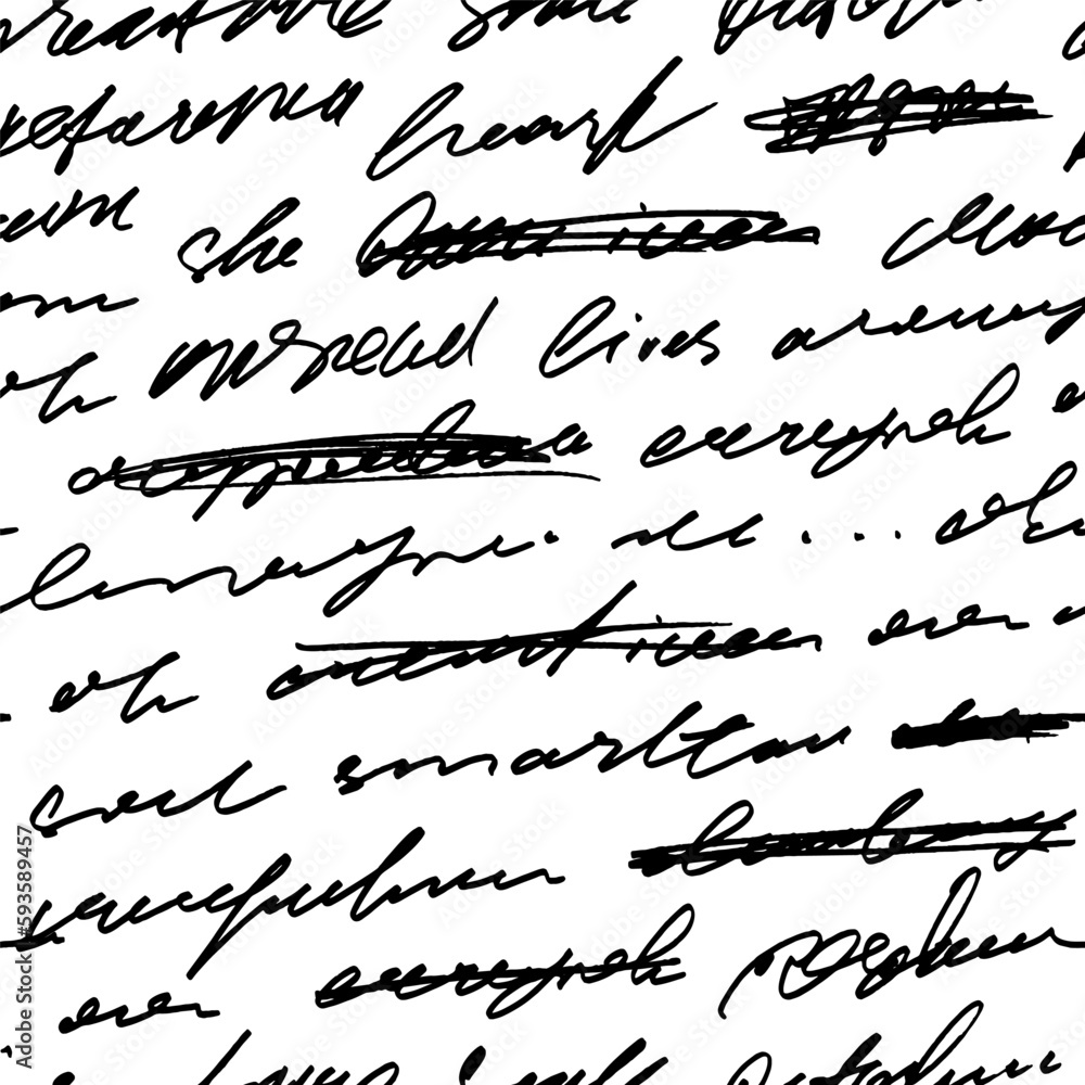 Poster seamless pattern with abstract writing and strikethroughs. handwritten vector unreadable words. mono
