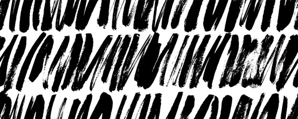 Geometric seamless pattern with diagonal short strokes. Freehand striped texture. Rough grunge wallpaper or banner. Vector black and white brush drawn strokes. Sloppy thick vertical lines in a row.