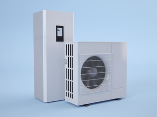 Air heat pump set on blue background, 3D illustration