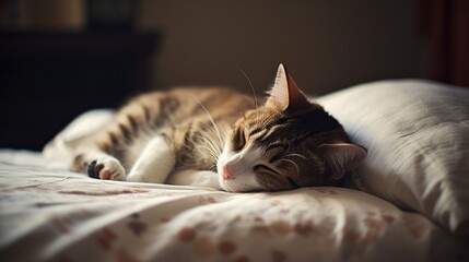 Naklejka na ściany i meble cat sleeping on the bed, Generative AI. 