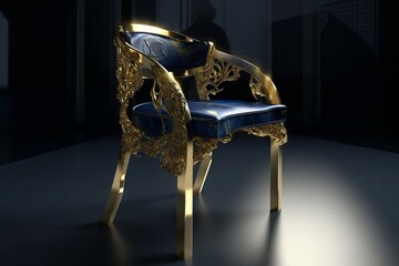 The design concept for a luxury chair incorporates deep blue and gold color accents, intricate patterns, and detailed embellishments to create a lavish piece of furniture. Generative Ai