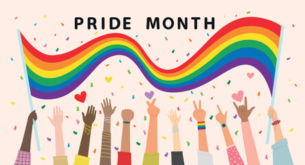 People hold hands up Celebrates LGBT pride month. Illustration, Poster, Vector , Background or wallpaper.    - obrazy, fototapety, plakaty