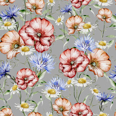 Watercolor seamless pattern with flowers of  poppy and  chamomile leaves. Illustration