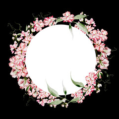 Watercolor wreath with wild flowers of pea and  leaves.