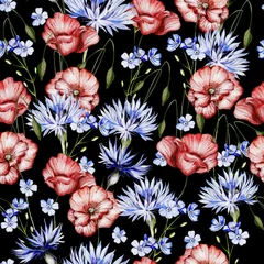 Rolgordijnen Watercolor seamless pattern with poppies flowers and cornflowers. © knopazyzy