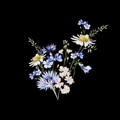 Watercolor bouquet with wild flowers of cornflower and chamomile.