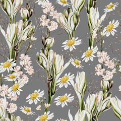 Fototapeta na wymiar Watercolor seamless pattern with chamomile flowers and wild flowers.