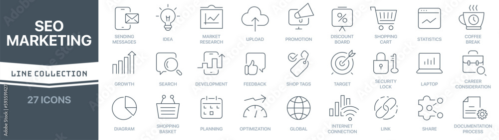 Poster seo and marketing linear signed icon collection. signed thin line icons collection. set of seo and m