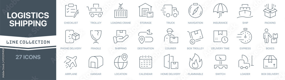 Poster Logistics and shipping linear signed icon collection. Signed thin line icons collection. Set of logistics and shipping simple outline icons